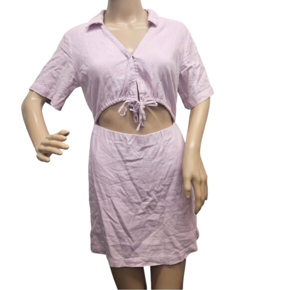 Abercrombie & Fitch Linen-Blend  Cutout Mini Shirt Dress in Lavender XS petite - Picture 2 of 7